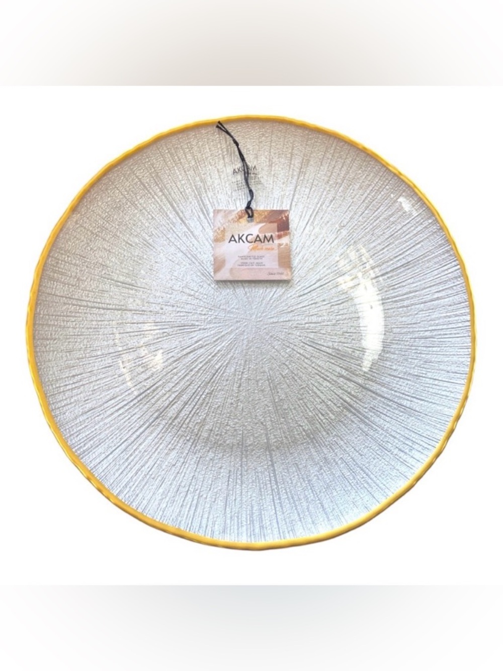 Set of 4 Pearl Look Handcrafted Glass Plates Gold Rim 11” Made In Turkey NWT